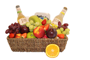 A fruit gift basket with Apple Cider and Pear Cider. Offered with free delivery to most Perth suburbs.