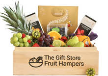 Deluxe fruit and chocolate hamper presented in hand crafted wooden hamper box. Free Perth delivery. Voted number one for fruit hampers Perth.